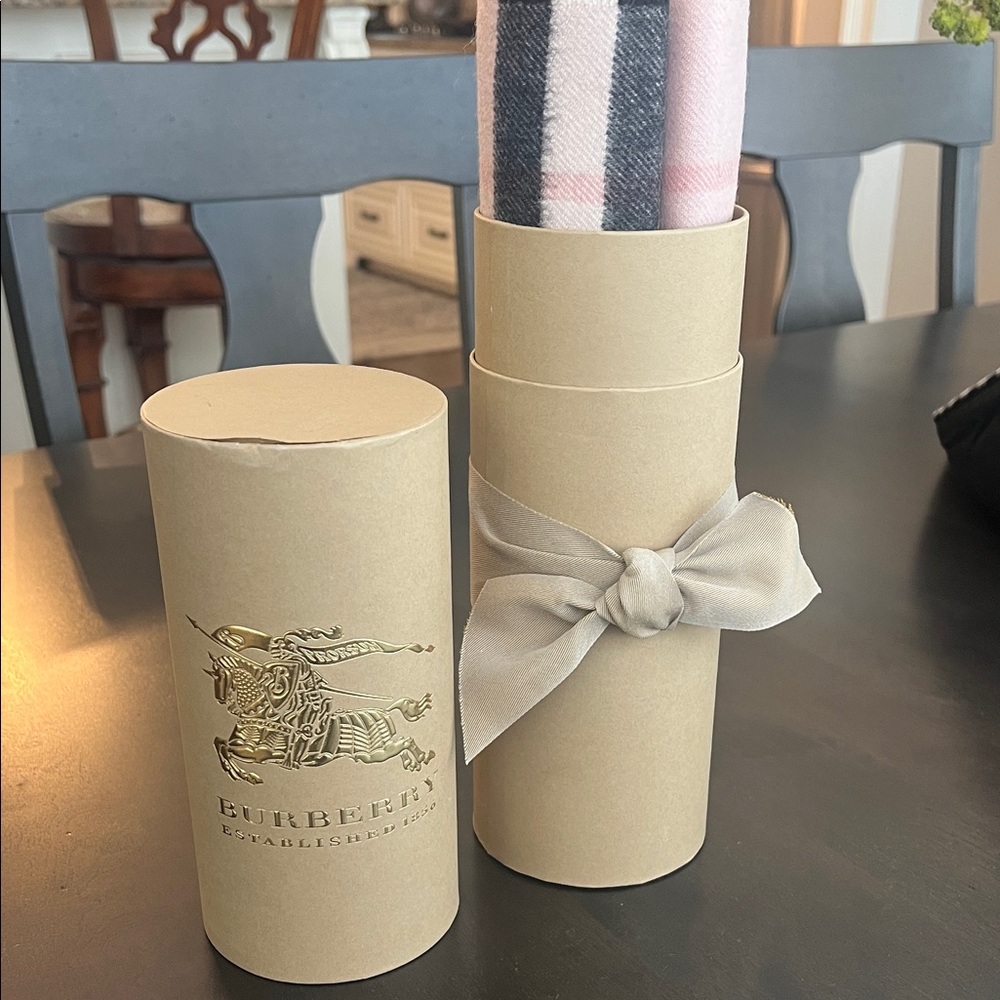 Burberry Pink, Black & Cream Classic Check Scarf in Round Gift Tube Cashmere